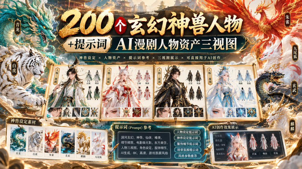 200个玄幻神兽人物+提示词ai漫剧人物资产三视图-创业资源网