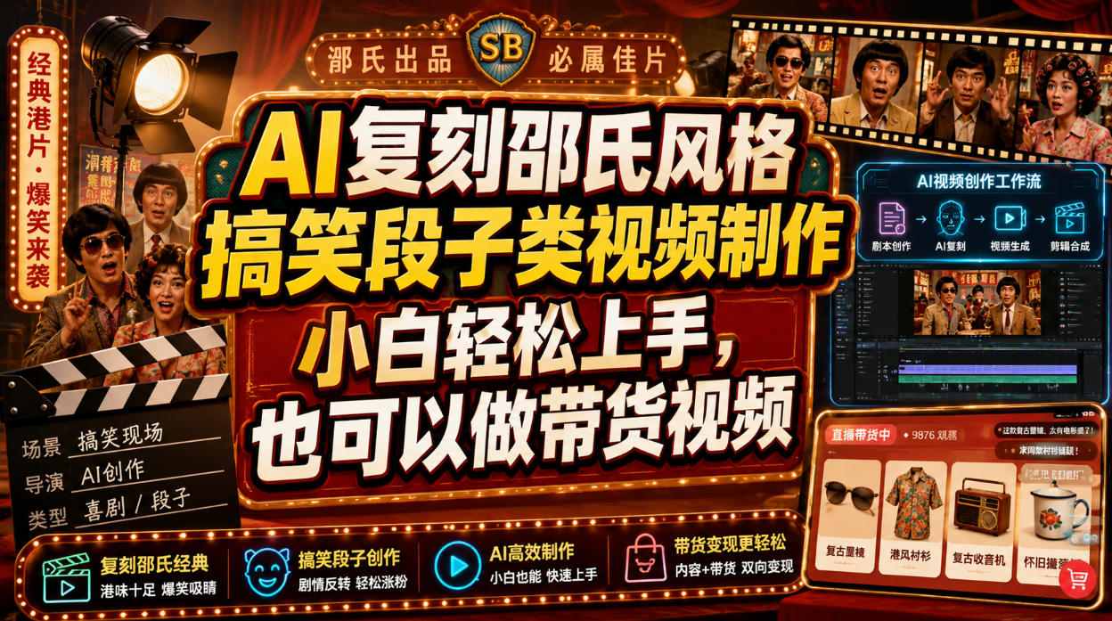 AI复刻邵氏风格搞笑段子类视频制作，小白轻松上手，也可以做带货视频-创业资源网