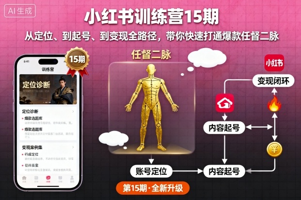 小红书训练营15期，从定位、到起号、到变现全路径，带你快速打通爆款任督二脉-创业资源网