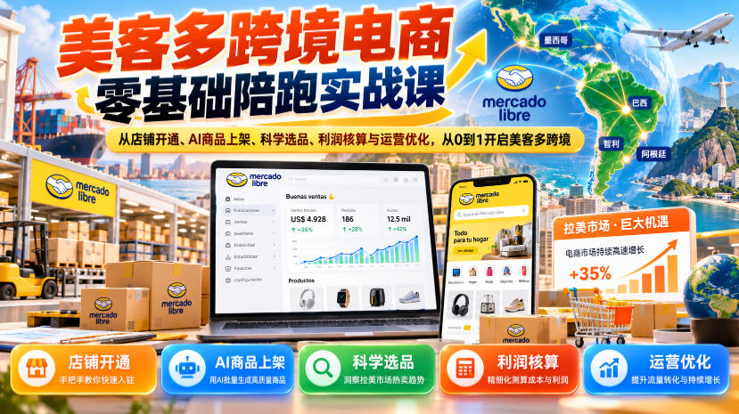 美客多跨境电商零基础陪跑实战课：从店铺开通、AI商品上架、科学选品、利润核算与运营优化，从0到1开启美客多跨境-创业资源网