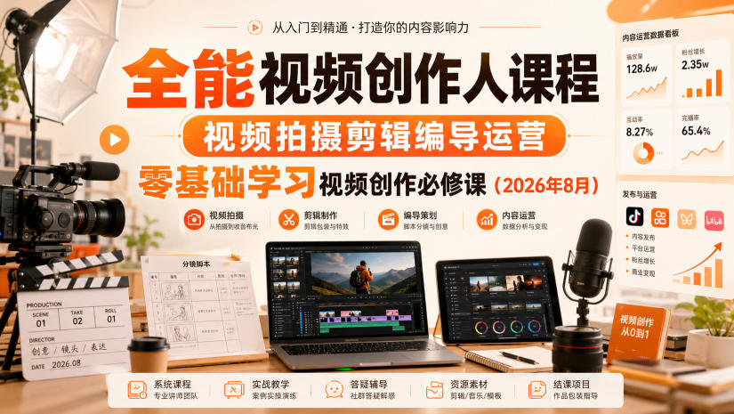 全能视频创作人课程，视频拍摄剪辑编导运营，零基础学习视频创作必修课（2026年8月）-创业资源网