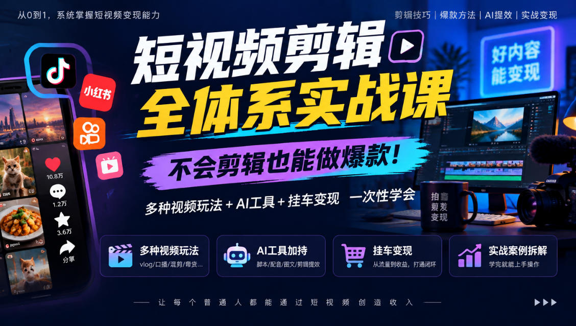 短视频剪辑全体系实战课，不会剪辑也能做爆款，多种视频玩法+AI工具+挂车变现一次性学-创业资源网