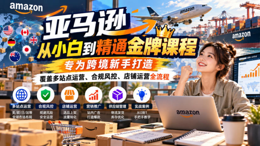 亚马逊从小白到精通金牌课程，专为跨境新手打造，覆盖多站点运营、合规风控、店铺运营全流程-创业资源网