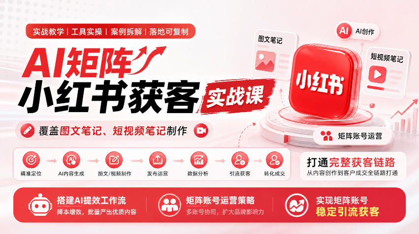 AI矩阵小红书获客实战课，覆盖图文笔记、短视频笔记制作，打通完整获客链路，搭建AI提效工作流，实现矩阵账号稳定引流获客-创业资源网