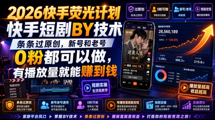 2026快手荧光计划，快手短剧搬运技术，条条过原创，新号和老号0粉都可以做，有播放量就能賺到钱-创业资源网