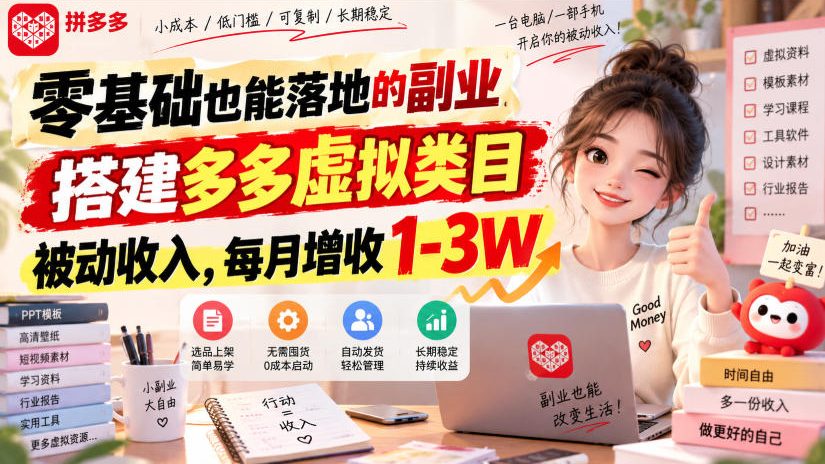 零基础也能落地的副业，搭建多多虚拟类目被动收入，每月增收1-3W【揭秘】-创业资源网