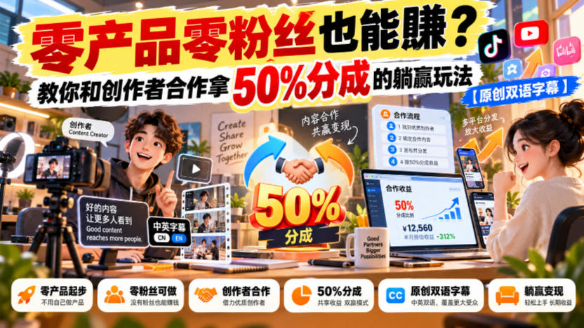【无水印】零产品零粉丝也能賺？教你和创作者合作拿50%分成的躺赢玩法【原创双语字幕】-创业资源网