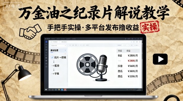 万金油之纪录片解说教学，手把手教你，完全实操，多平台发布撸收益-创业资源网