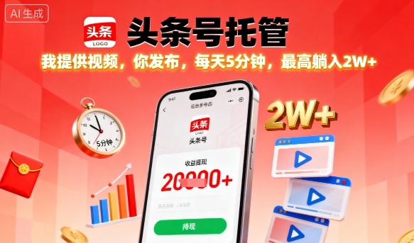 【头条号托管】我提供视频，你发布，每天5分钟，最高躺入2W+【揭秘】-创业资源网