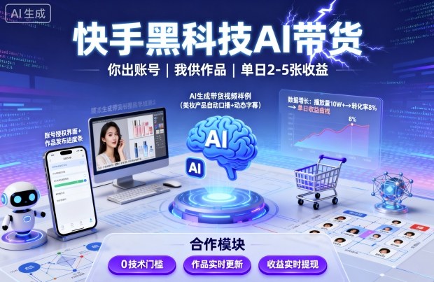 快手黑科技AI带货，你提供账号，我提供作品并发布，单日2-5张【揭秘】-创业资源网
