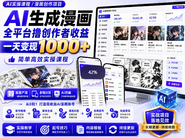 AI生成漫画全平台撸创作者收益内部课程，实操最高单日变现1k+-创业资源网
