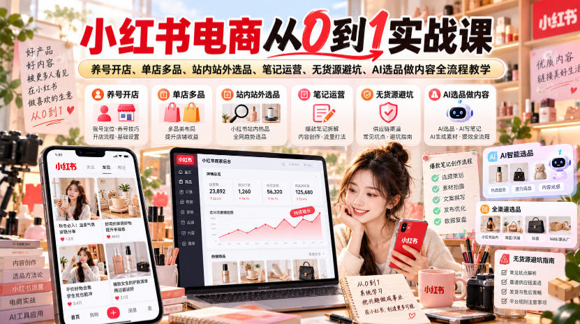 小红书电商从0到1实战课｜养号开店、单店多品、站内站外选品、笔记运营、无货源避坑、AI选品做内容全流程教学-创业资源网