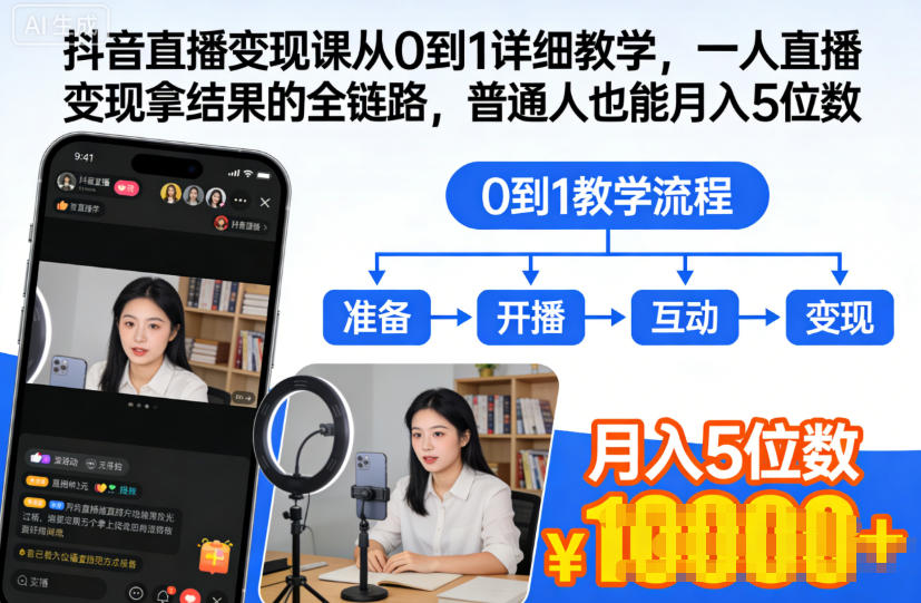 抖音直播变现课从0到1详细教学，一人直播变现拿结果的全链路，普通人也能月入5位数-创业资源网
