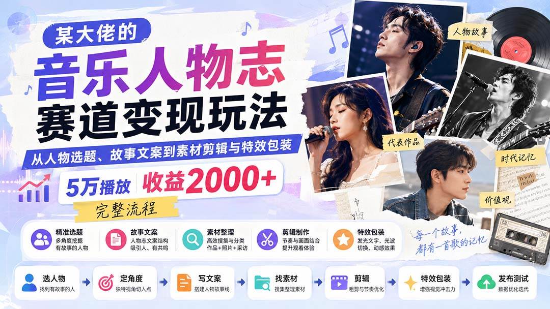 （20121期）某大佬的音乐人物志赛道变现玩法：从人物选题、故事文案到素材剪辑与特效包装，5万播放收益2000+完整流程-创业资源网