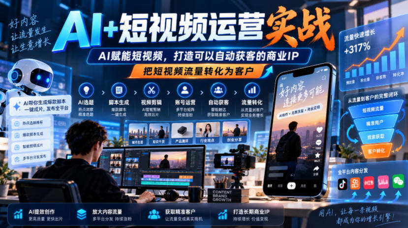 AI+短视频运营实战，AI赋能短视频，打造可以自动获客的商业IP，把短视频流量转化为客户-创业资源网