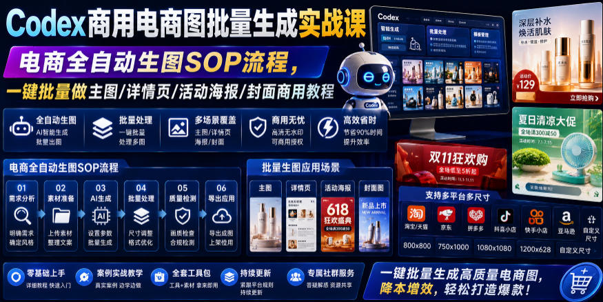 Codex商用电商图批量生成实战课｜电商全自动生图SOP流程，一键批量做主图/详情页/活动海报/封面商用教程-创业资源网