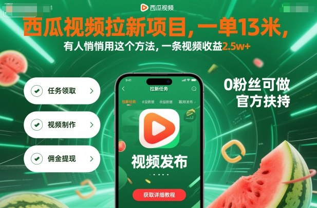 西瓜视频拉新项目，一单13米，有人悄悄用这个方法，一条视频收益2.5w+（附详细教程）-创业资源网
