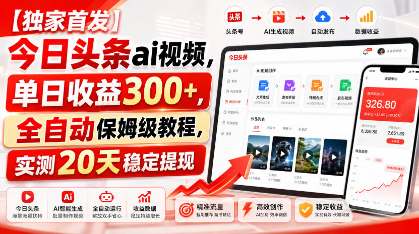 【独家首发】今日头条ai视频，单日收益300+，全自动保姆级教程，实测20天稳定提现【揭秘】-创业资源网