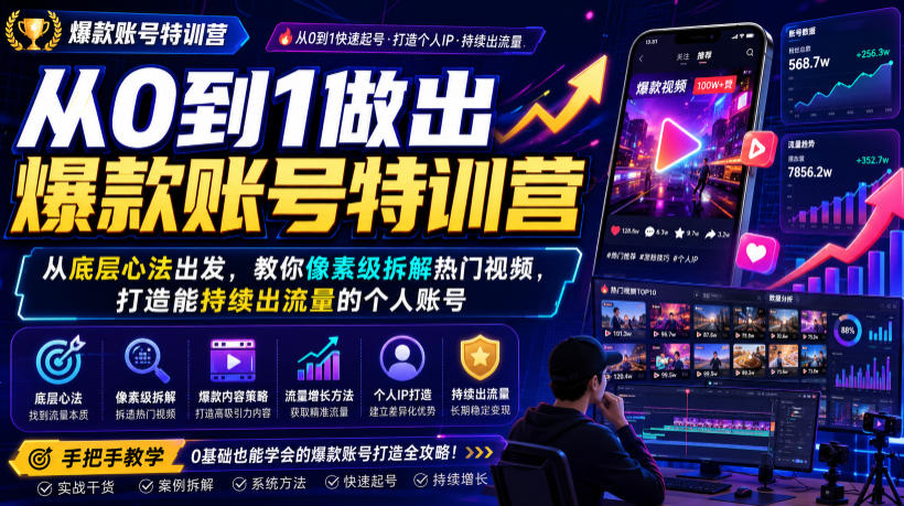 从0到1做出爆款账号特训营，从底层心法出发，教你像素级拆解热门视频，打造能持续出流量的个人账号-创业资源网