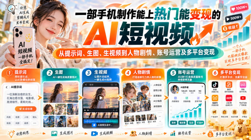 【无水印】一部手机制作能上热门能变现的AI短视频，从提示词、生图、生视频到人物剧情、账号运营及多平台变现-创业资源网