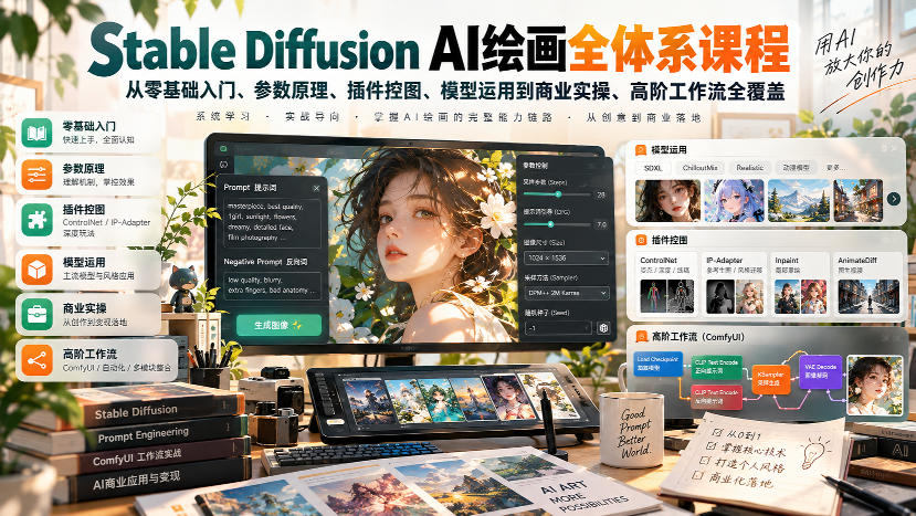 【无水印】Stable Diffusion AI绘画全体系课程，从零基础入门、参数原理、插件控图、模型运用到商业实操、高阶工作流全覆盖-创业资源网