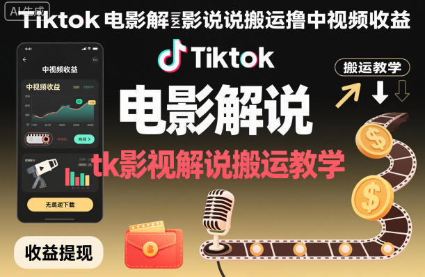 Tiktok电影解说搬运撸中视频收益，tk影视解说搬运教学-创业资源网