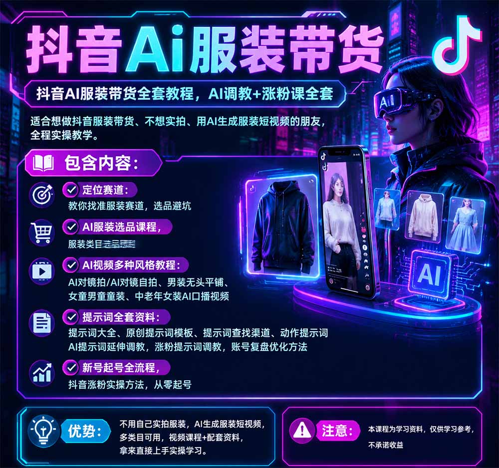抖音AI服装带货全套教程，不靠真人出镜，利用AI批量制作服装带货短视频，打通选品、AI提示词调教、起号涨粉全流程-创业资源网