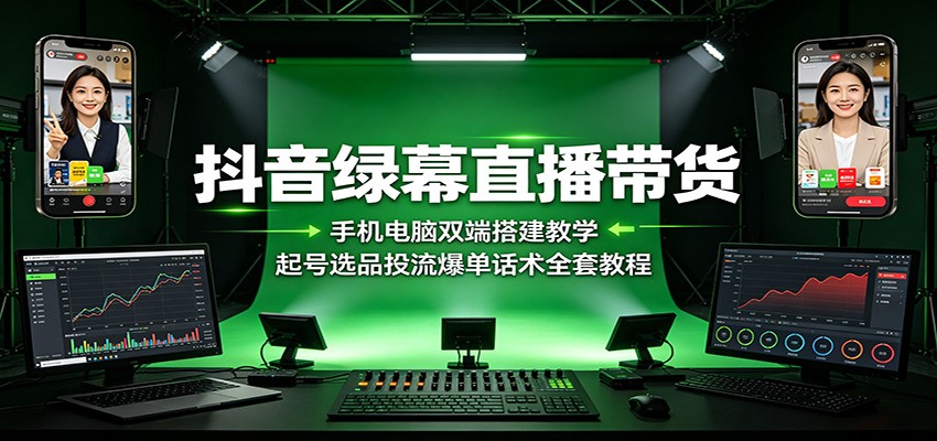 抖音绿幕直播带货：手机电脑双端搭建教学，起号选品投流爆单话术全套教程-创业资源网