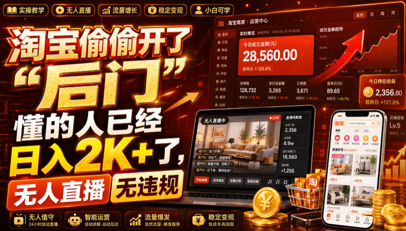 淘宝偷偷开了“后门”，懂的人已经日入2K+了，无人直播无违规，一台电脑=一家24小时营业的线上门店【揭秘】-创业资源网