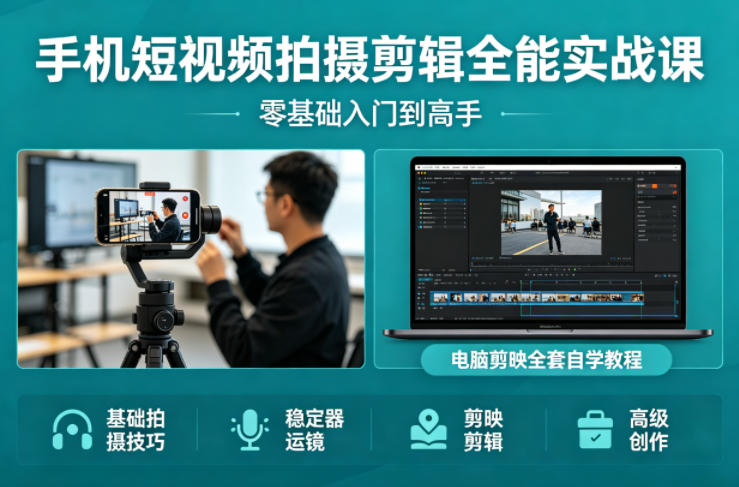 手机短视频拍摄剪辑全能实战课：零基础入门到高手，稳定器运镜+电脑剪映全套自学教程-创业资源网