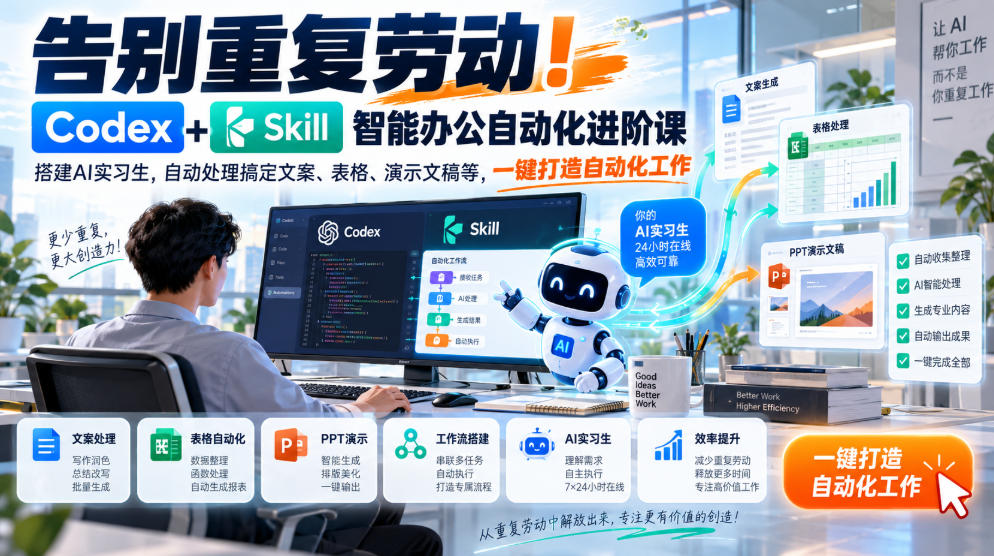 告别重复劳动！Codex+Skill智能办公自动化进阶课｜搭建AI实习生，自动处理搞定文案、表格、演示文稿等，一键打造自动化工作-创业资源网