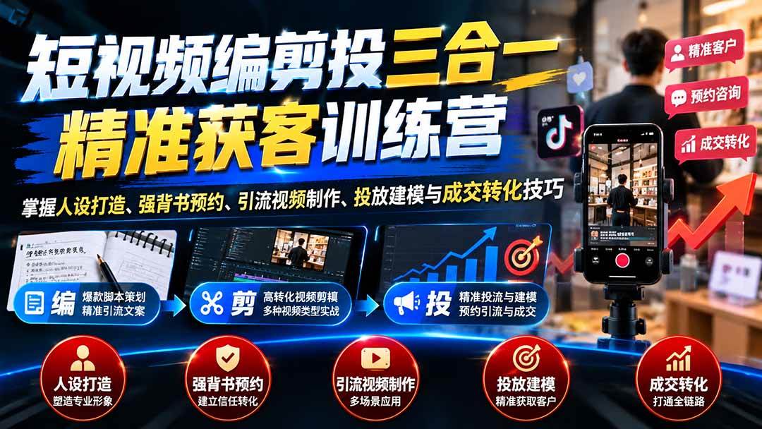 （20910期）短视频编剪投三合一精准获客训练营：掌握人设打造、强背书预约、引流视频制作、投放建模与成交转化技巧-创业资源网