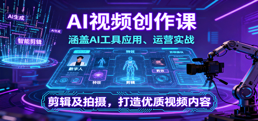 AI视频创作课，涵盖AI工具应用、运营实战、剪辑及拍摄，打造优质视频内容-创业资源网