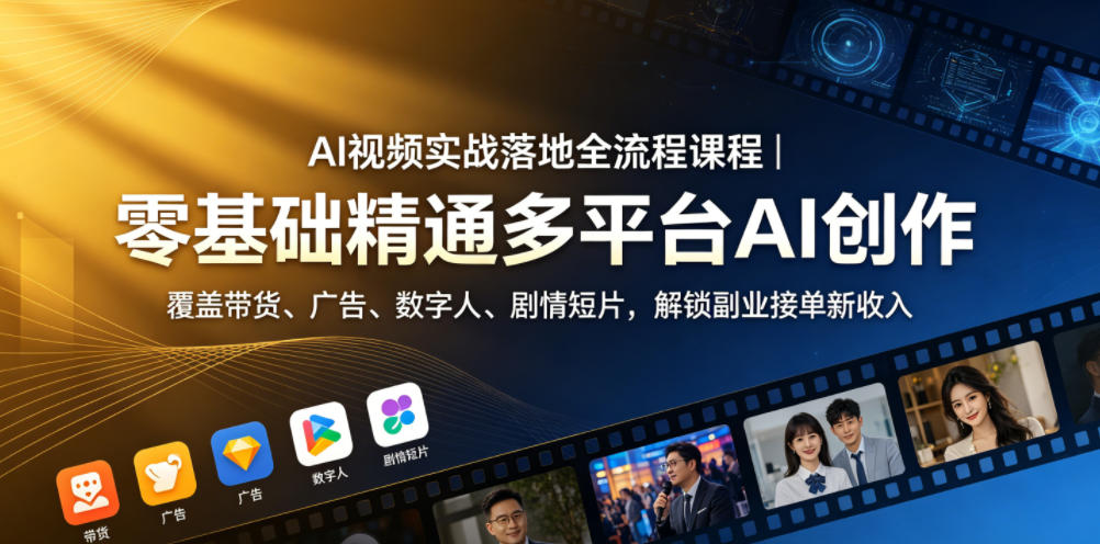 AI视频实战落地全流程课程｜零基础精通多平台AI创作，覆盖带货、广告、数字人、剧情短片，解锁副业接单新收入-创业资源网
