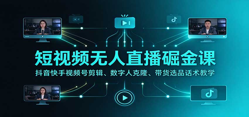 短视频无人直播掘金课：抖音快手视频号剪辑、数字人克隆、带货选品话术教学-创业资源网