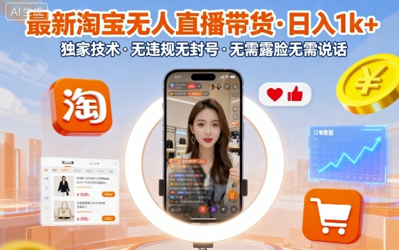 最新淘宝无人直播带货，日入1k+，独家技术，无违规无封号，无需露脸无需说话【揭秘】-创业资源网