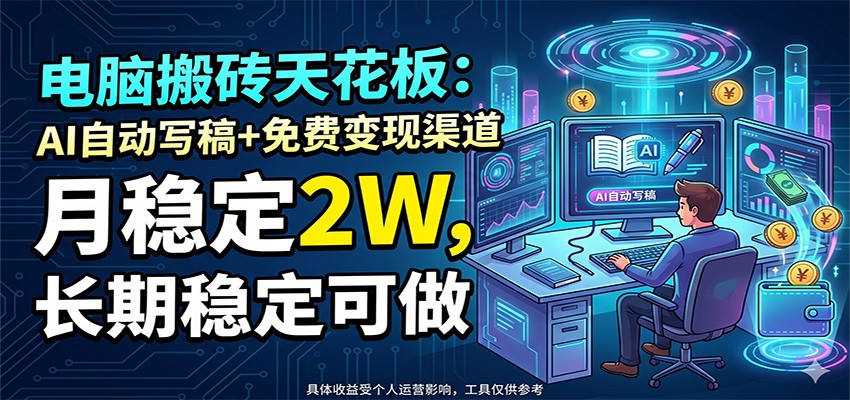 电脑搬砖天花板：AI自动写稿+免费变现渠道，月稳定2W，长期稳定可做-创业资源网