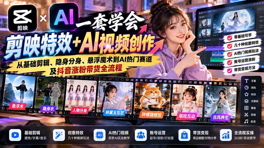 （20999期）一套学会剪映特效+AI视频创作：从基础剪辑、隐身分身、悬浮魔术到AI热门赛道及抖音涨粉带货全流程-创业资源网