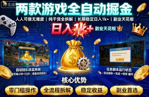 两款游戏全自动掘金，人人可做无难度，纯干货全拆解，长期稳定，日入1k+，副业天花板【揭秘】-创业资源网