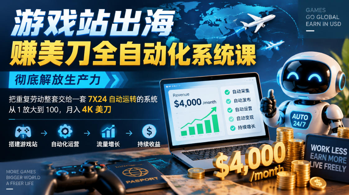 游戏站出海賺美刀全自动化系统课，彻底解放生产力–把重复劳动整套交给一套7X24自动运转的系统，从1放大到100，月入4K美刀-创业资源网