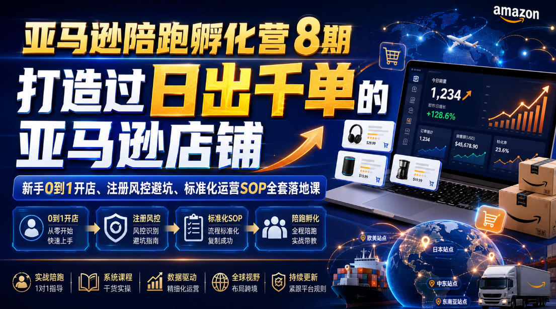 亚马逊陪跑孵化营8期，打造过日出千单的亚马逊店铺，新手0到1开店、注册风控避坑、标准化运营SOP全套落地课-创业资源网