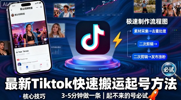 最新Tiktok快速搬运快速起号方法，3-5分钟做一条，起不来的号可以试试-创业资源网