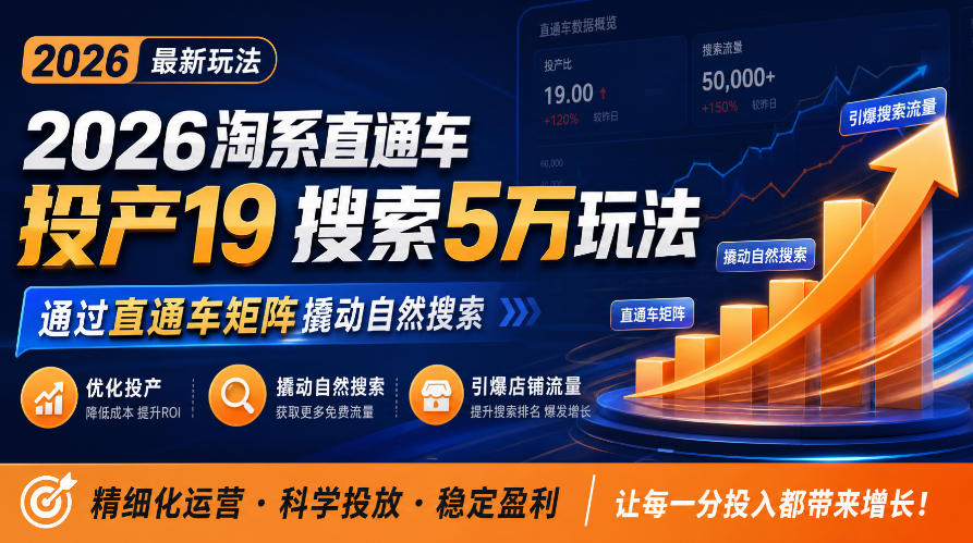 2026淘系直通车投产19搜索5万玩法，通过直通车矩阵撬动自然搜索，帮助商家优化投产，引爆店铺搜索流量-创业资源网