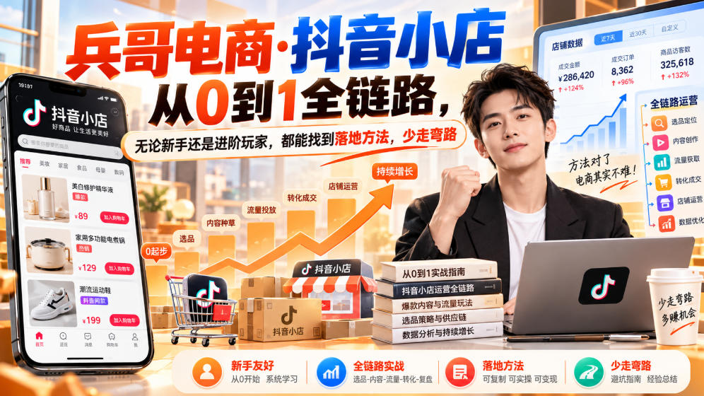 【无水印】兵哥电商·抖音小店从0到1全链路，无论新手还是进阶玩家，都能找到落地方法，少走弯路（更新9月）-创业资源网