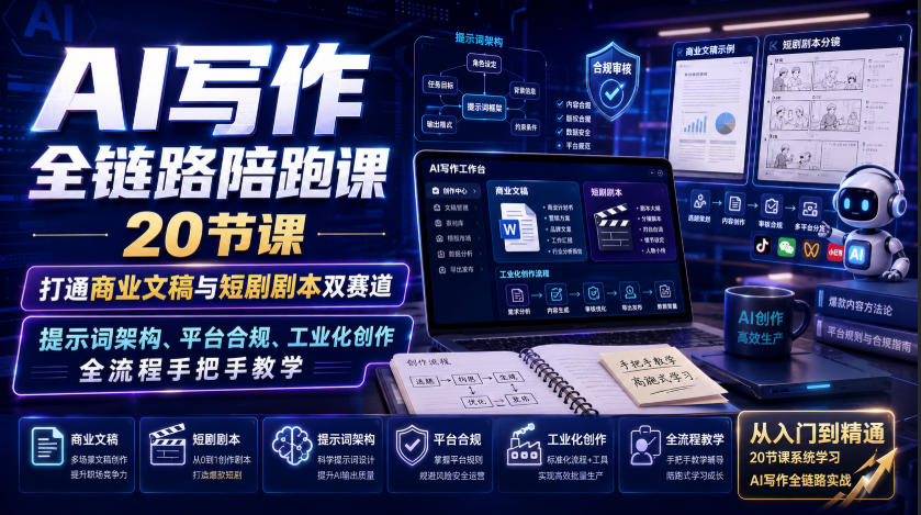 AI写作全链路陪跑课｜20节课打通商业文稿与短剧剧本双赛道，提示词架构、平台合规、工业化创作全流程手把手教学-创业资源网