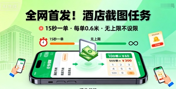 全网首发！酒店截图任务，15秒一单，每单0.6米，任务无上限不设限，矩阵操作单日3张到手【揭秘】-创业资源网