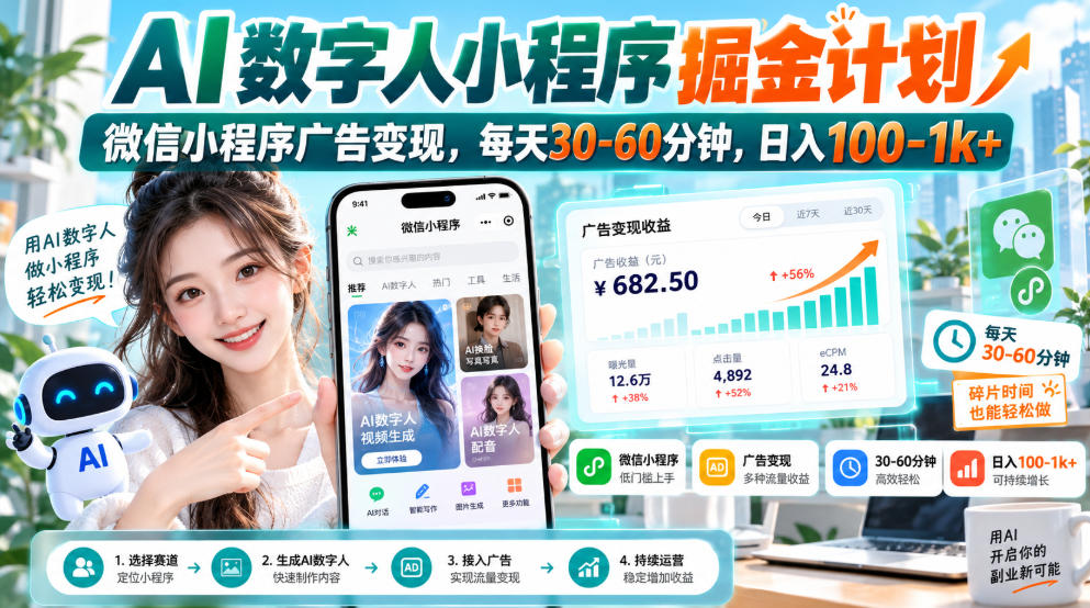 【无水印】AI数字人小程序掘金计划，微信小程序广告变现，每天30‑60分钟，日入100‑1k+-创业资源网