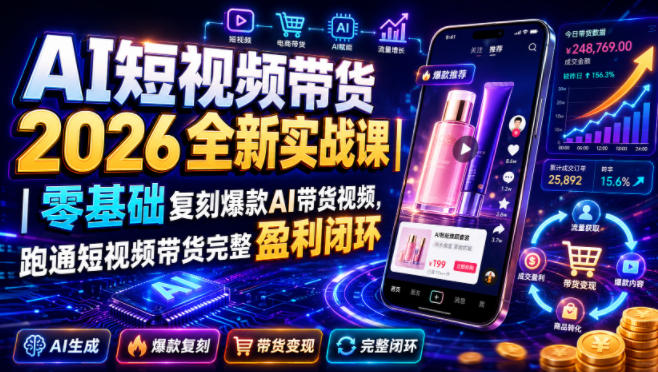 AI短视频带货2026全新实战课｜零基础复刻爆款AI带货视频，跑通短视频带货完整盈利闭环-创业资源网