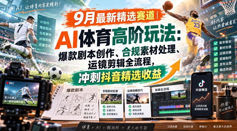 某大佬的9月最新精选赛道之AI体育顶级玩法，爆款剧本创作、版权规避、运镜剪辑全流程，稳拿抖音精选收益-创业资源网