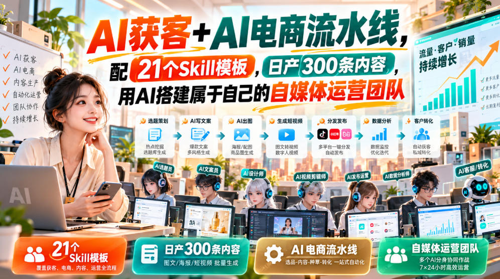 AI获客+AI电商流水线，配21个Skill模板，日产300条内容，用AI搭建属于自己的自媒体运营团队-创业资源网